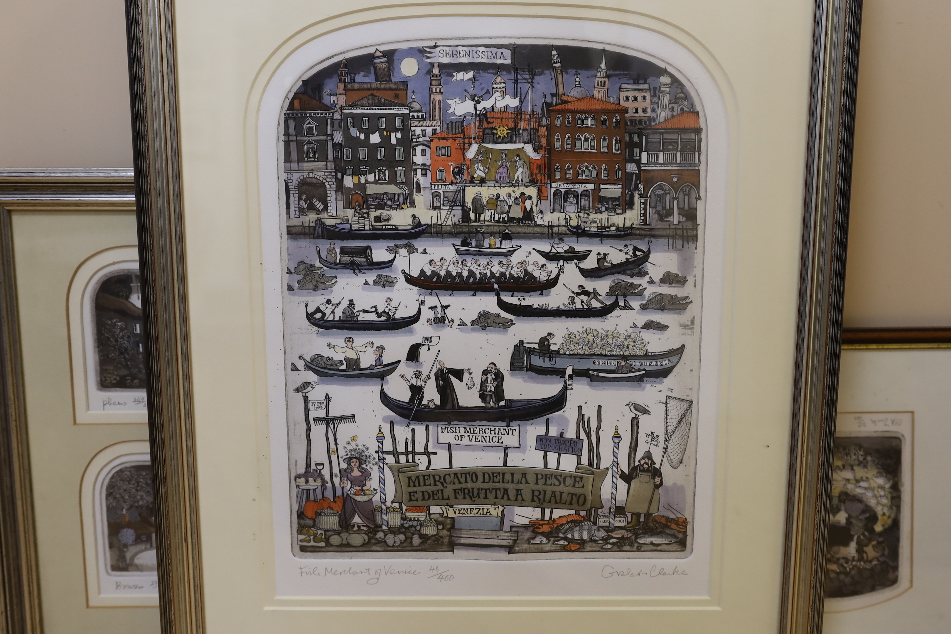 Graham Clarke (b.1941) seven colour etchings, including 'Fish Merchant of Venice', 'Old Jack' and a set of four mounted and framed as one, each signed in pencil and limited edition, largest 38 x 29cm